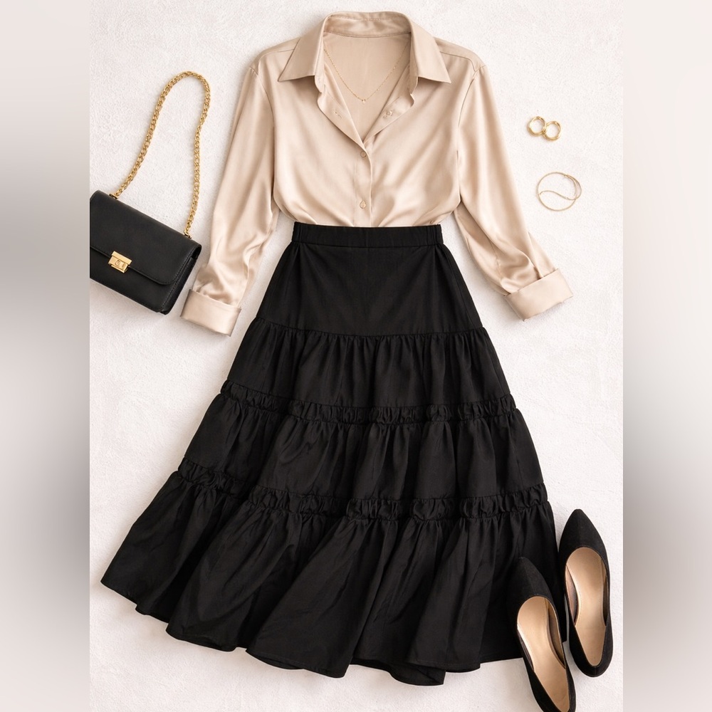Lulu's Black Tiered Midi Skirt Size M
